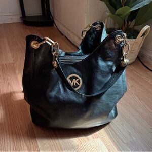 Michael Kors Black Leather Hobo Shoulder Bag with Gold Hardware